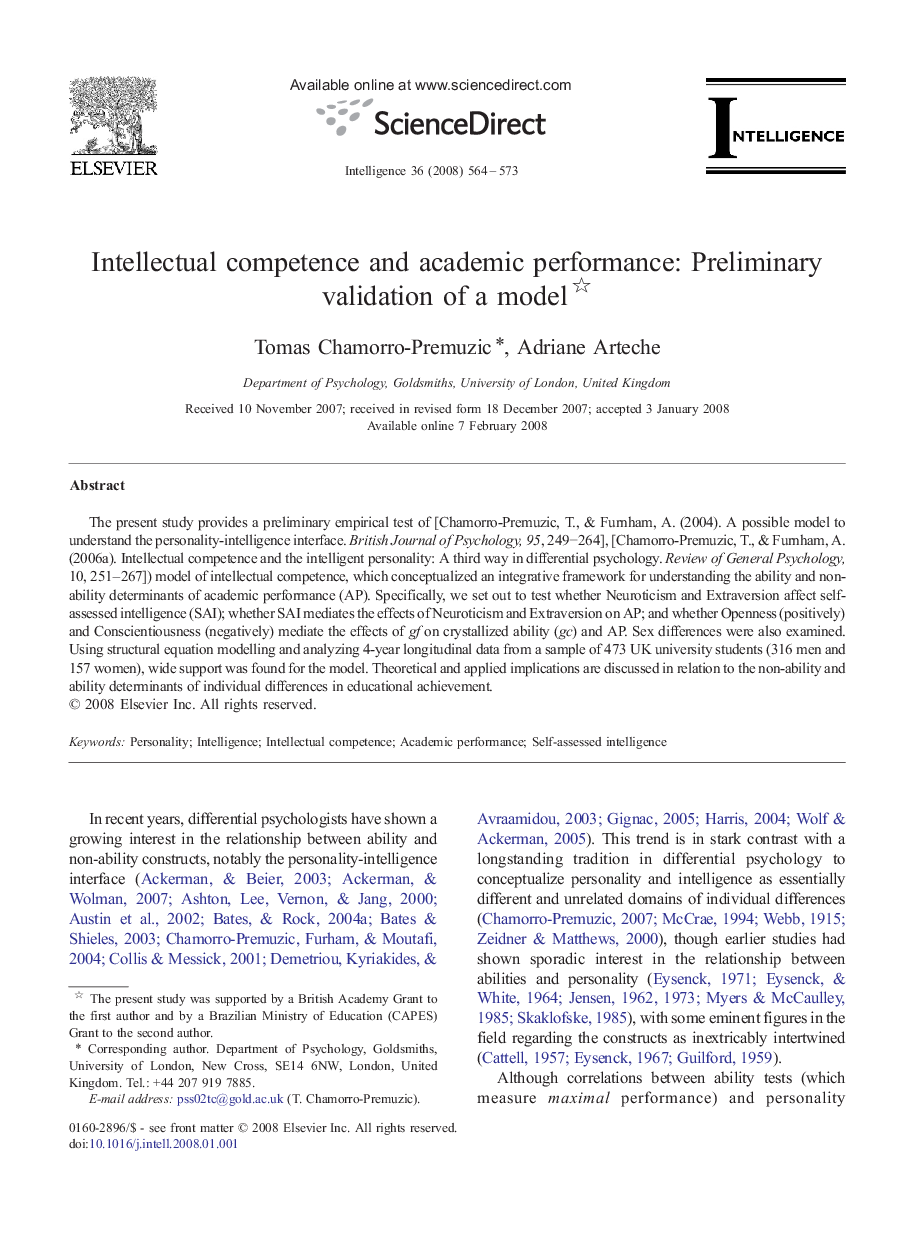 Intellectual competence and academic performance: Preliminary validation of a model 