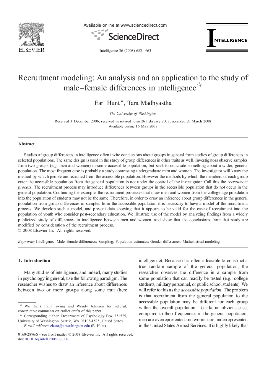 Recruitment modeling: An analysis and an application to the study of male–female differences in intelligence 