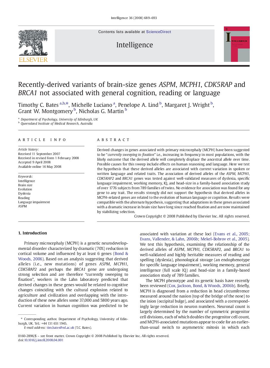 Recently-derived variants of brain-size genes ASPM, MCPH1, CDK5RAP and BRCA1 not associated with general cognition, reading or language