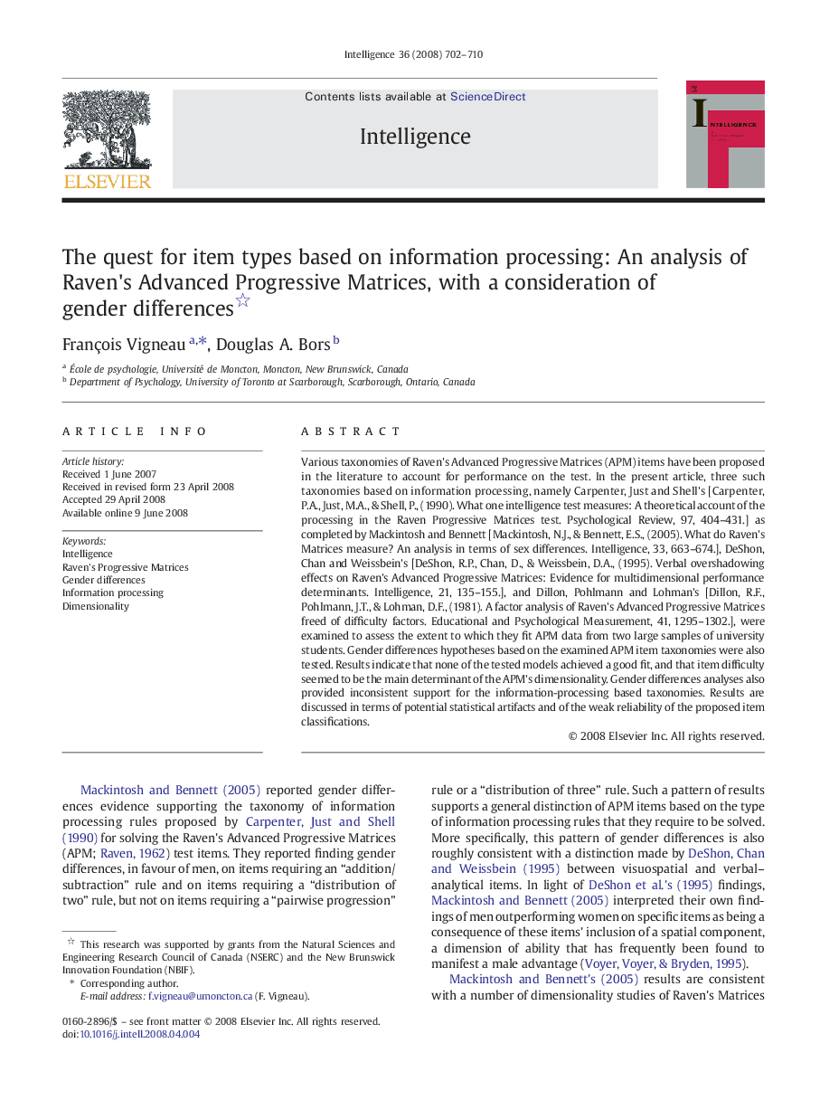 The quest for item types based on information processing: An analysis of Raven's Advanced Progressive Matrices, with a consideration of gender differences 