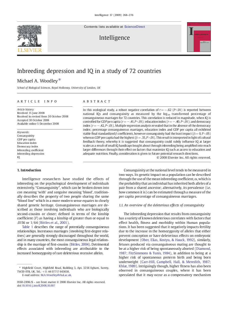 Inbreeding depression and IQ in a study of 72 countries