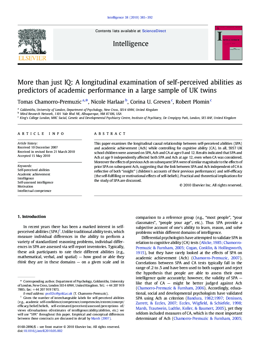 More than just IQ: A longitudinal examination of self-perceived abilities as predictors of academic performance in a large sample of UK twins