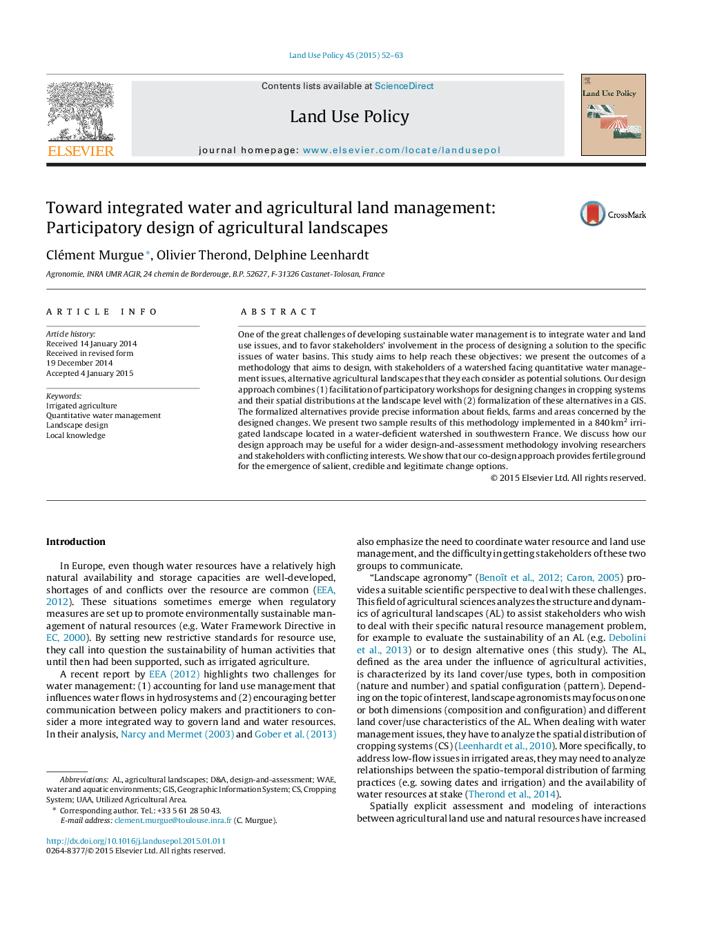 Toward integrated water and agricultural land management: Participatory design of agricultural landscapes