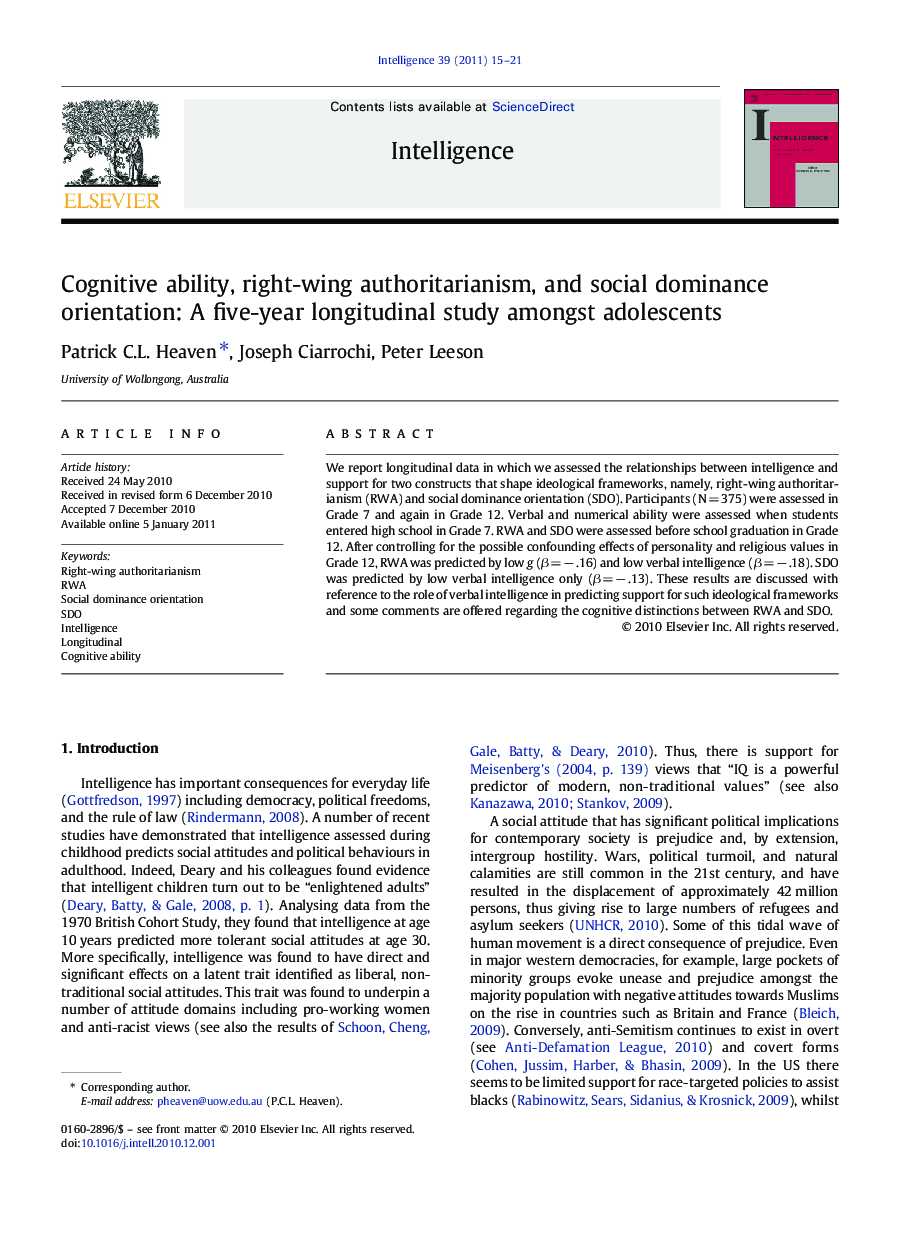 Cognitive ability, right-wing authoritarianism, and social dominance orientation: A five-year longitudinal study amongst adolescents