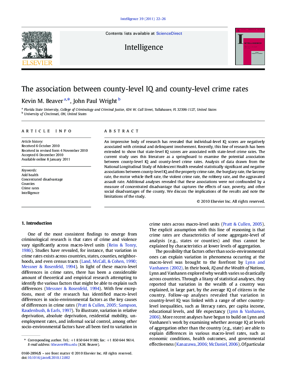 The association between county-level IQ and county-level crime rates