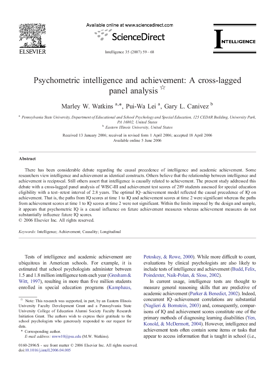 Psychometric intelligence and achievement: A cross-lagged panel analysis 