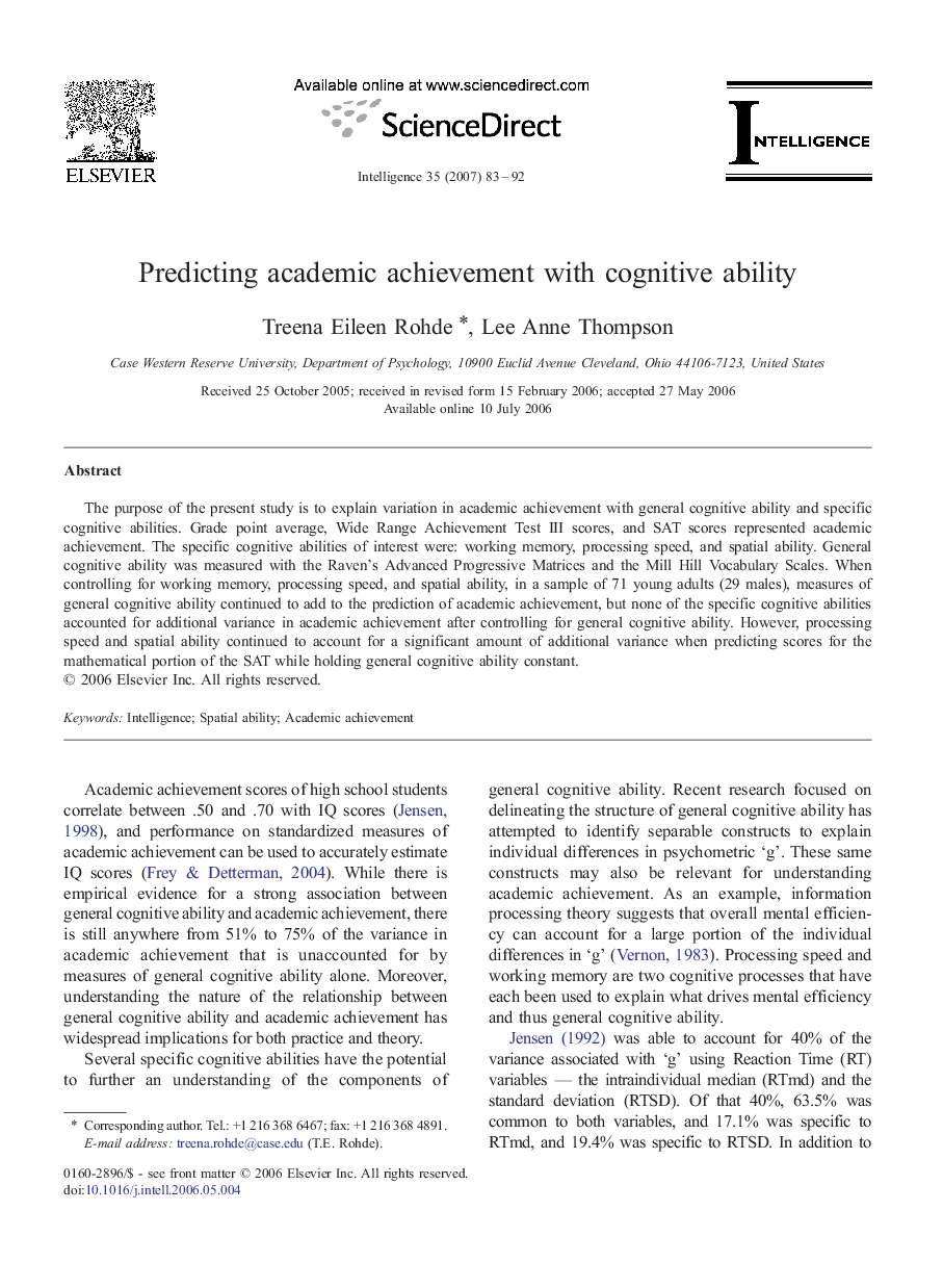 Predicting academic achievement with cognitive ability