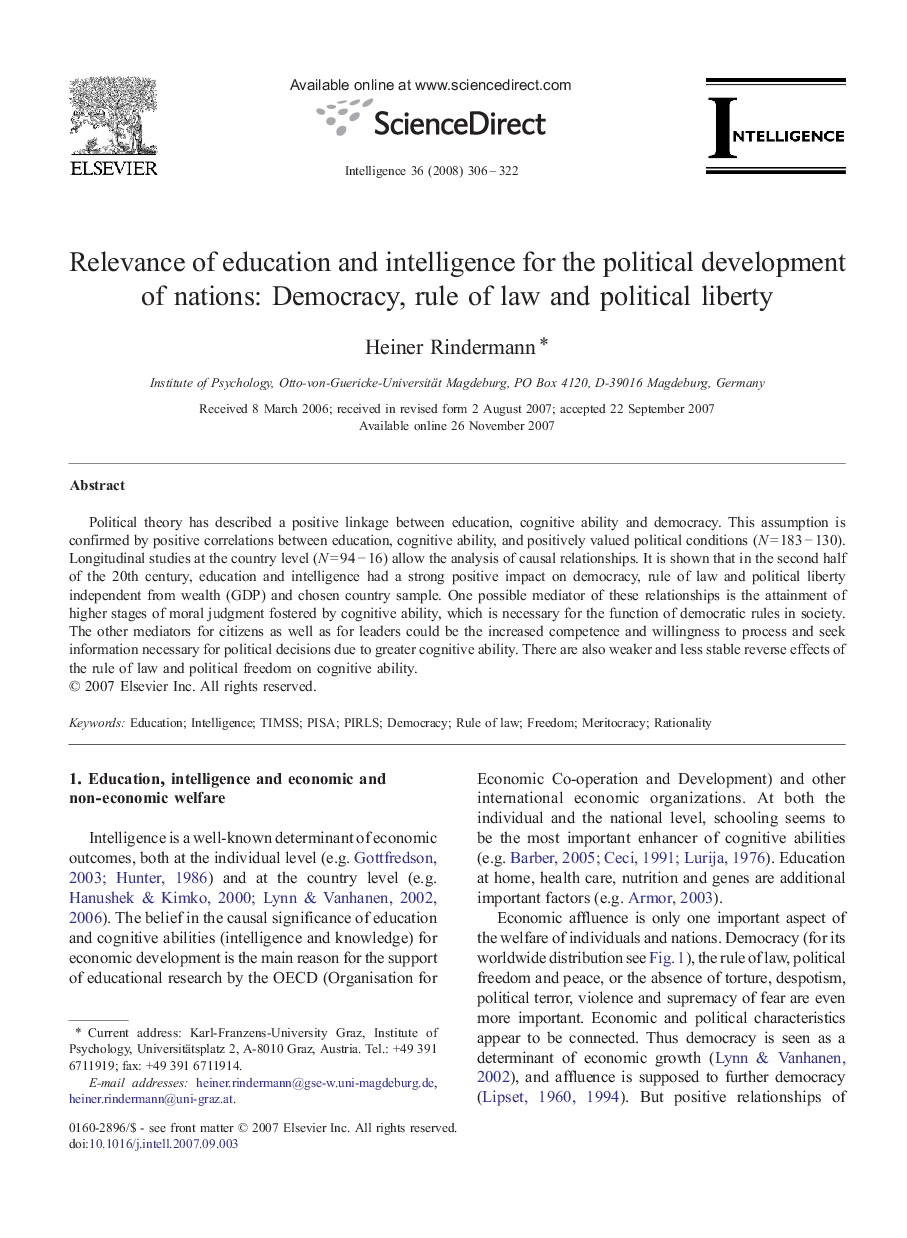 Relevance of education and intelligence for the political development of nations: Democracy, rule of law and political liberty