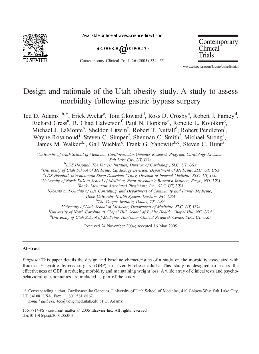 Design and rationale of the Utah obesity study. A study to assess morbidity following gastric bypass surgery