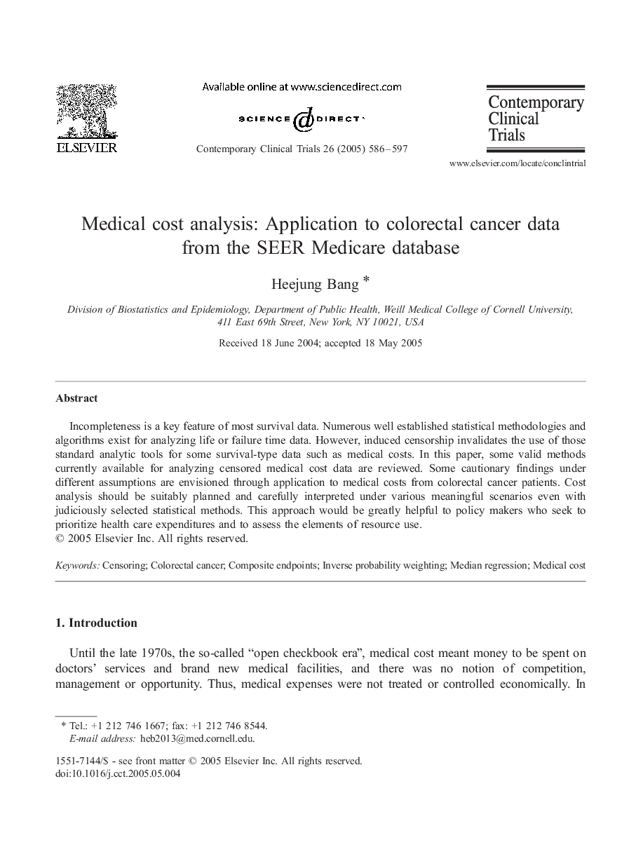 Medical cost analysis: Application to colorectal cancer data from the SEER Medicare database