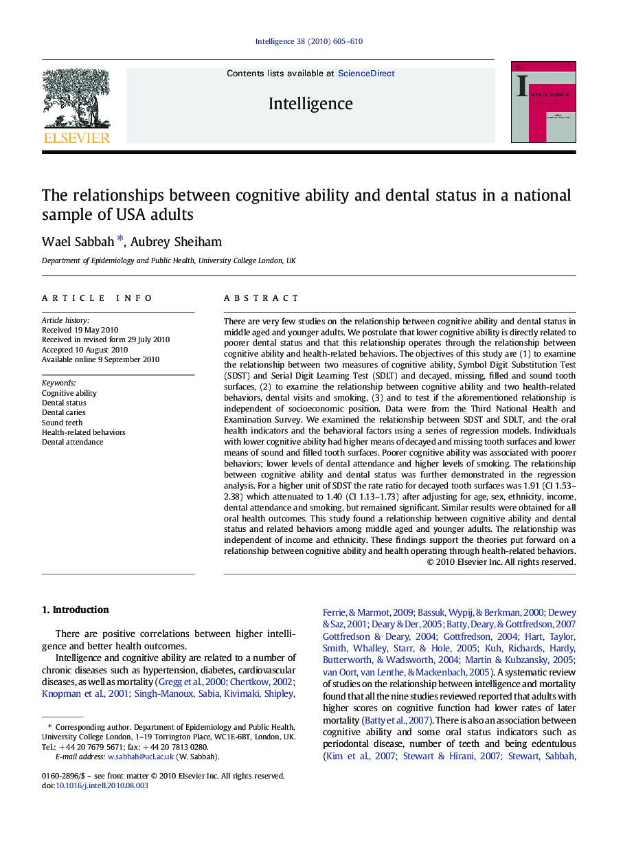 The relationships between cognitive ability and dental status in a national sample of USA adults