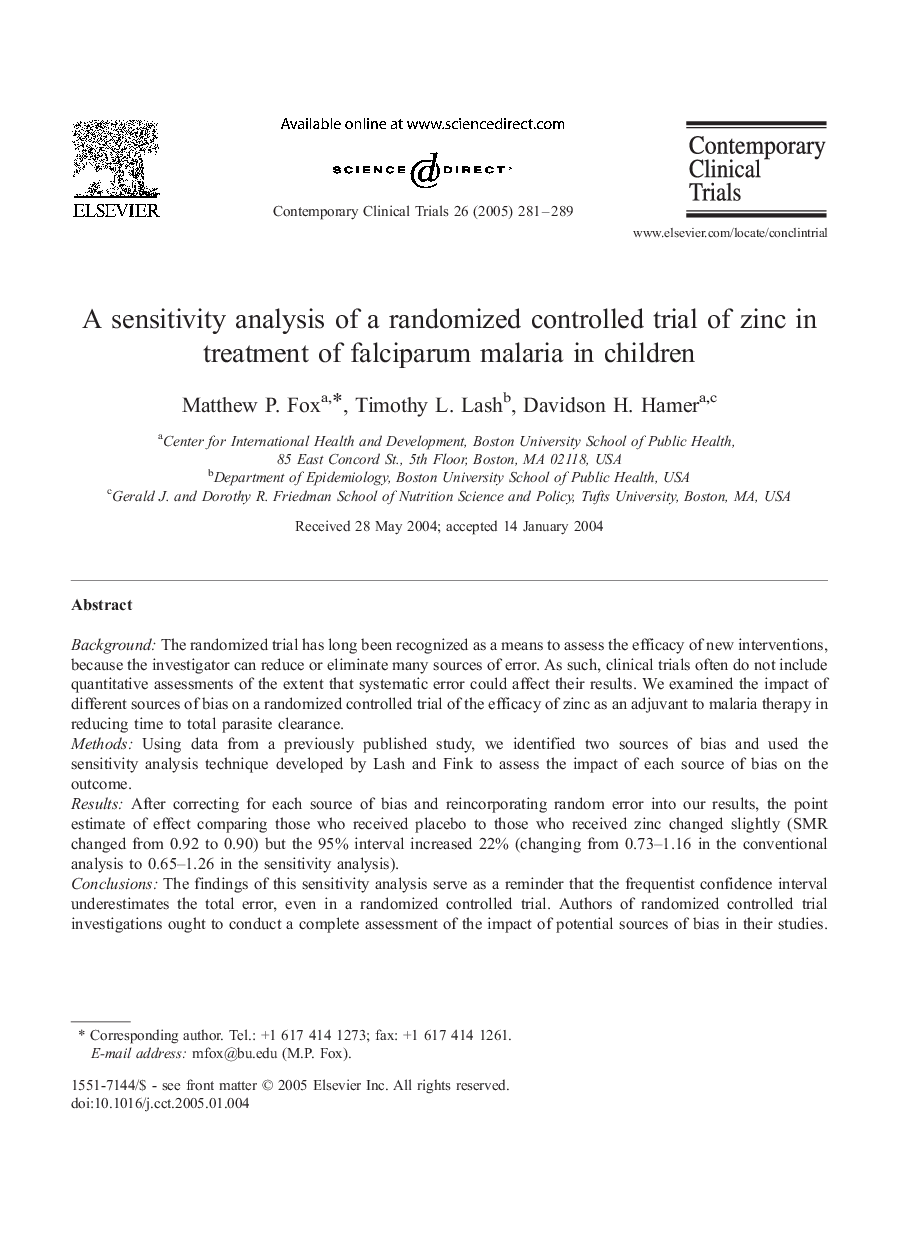 A sensitivity analysis of a randomized controlled trial of zinc in treatment of falciparum malaria in children