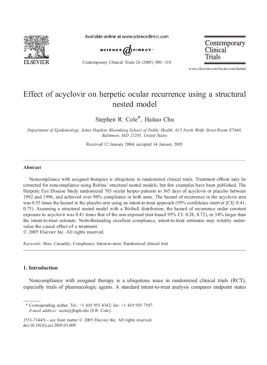 Effect of acyclovir on herpetic ocular recurrence using a structural nested model