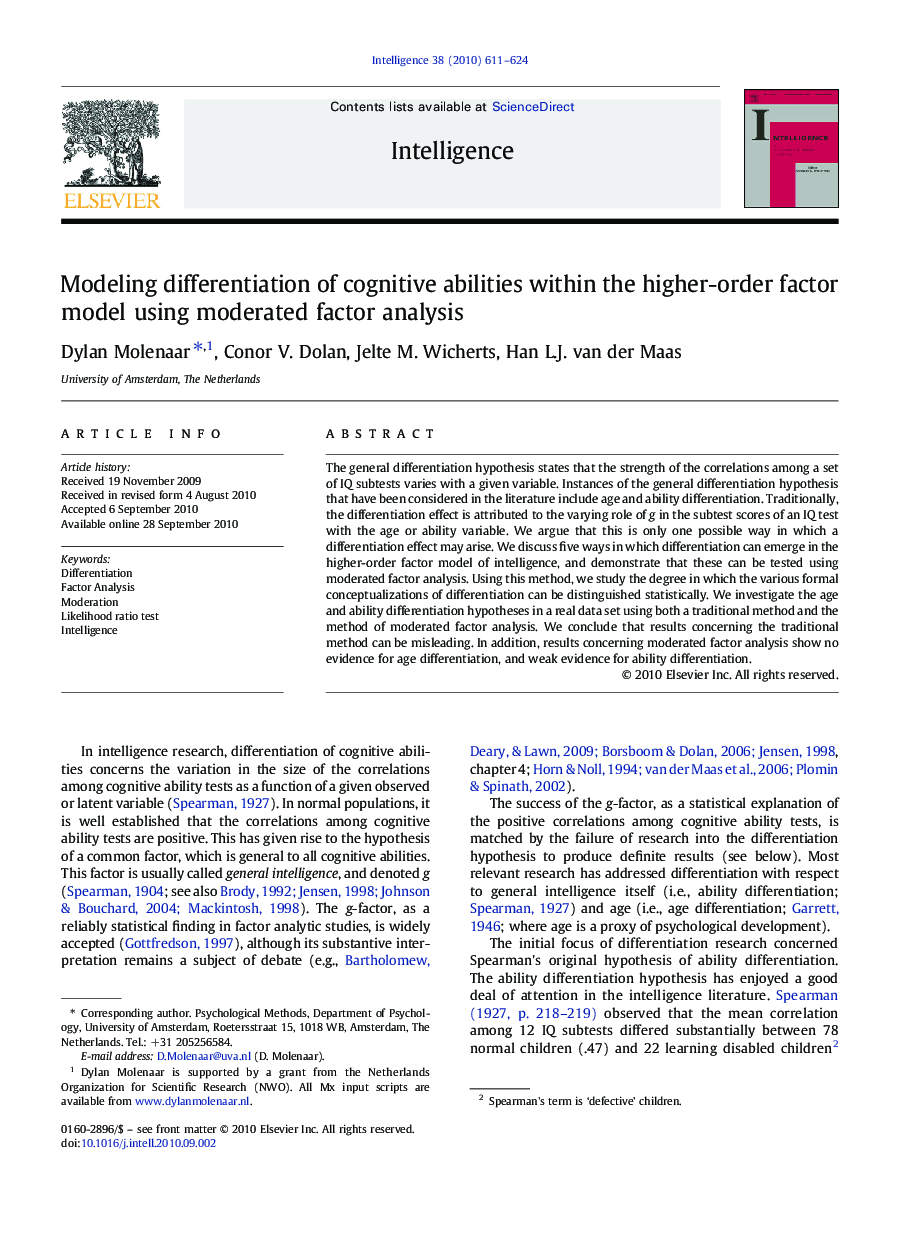 Modeling differentiation of cognitive abilities within the higher-order factor model using moderated factor analysis
