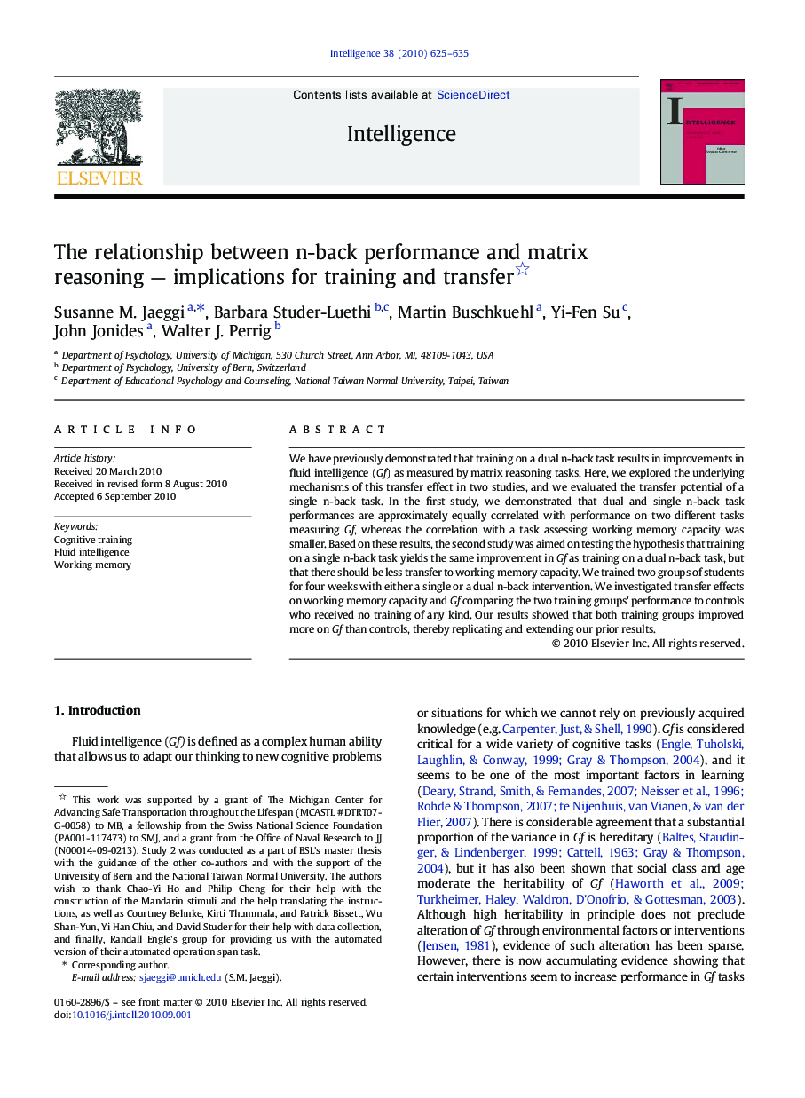 The relationship between n-back performance and matrix reasoning — implications for training and transfer 