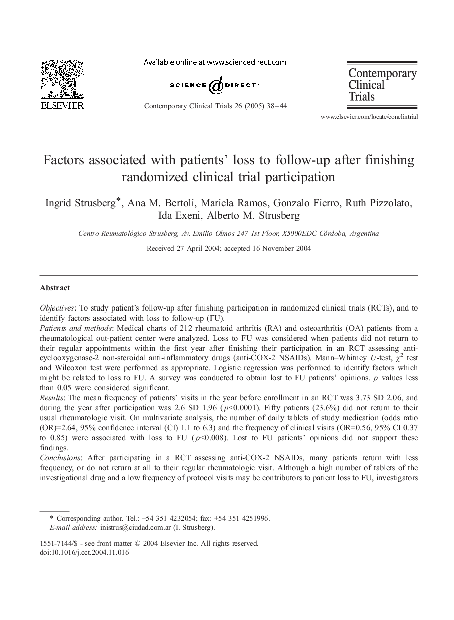 Factors associated with patients' loss to follow-up after finishing randomized clinical trial participation