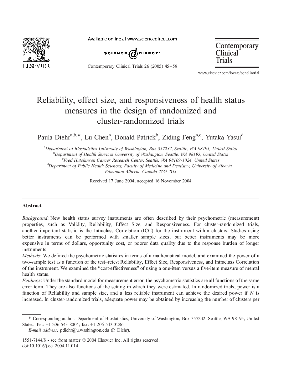 Reliability, effect size, and responsiveness of health status measures in the design of randomized and cluster-randomized trials