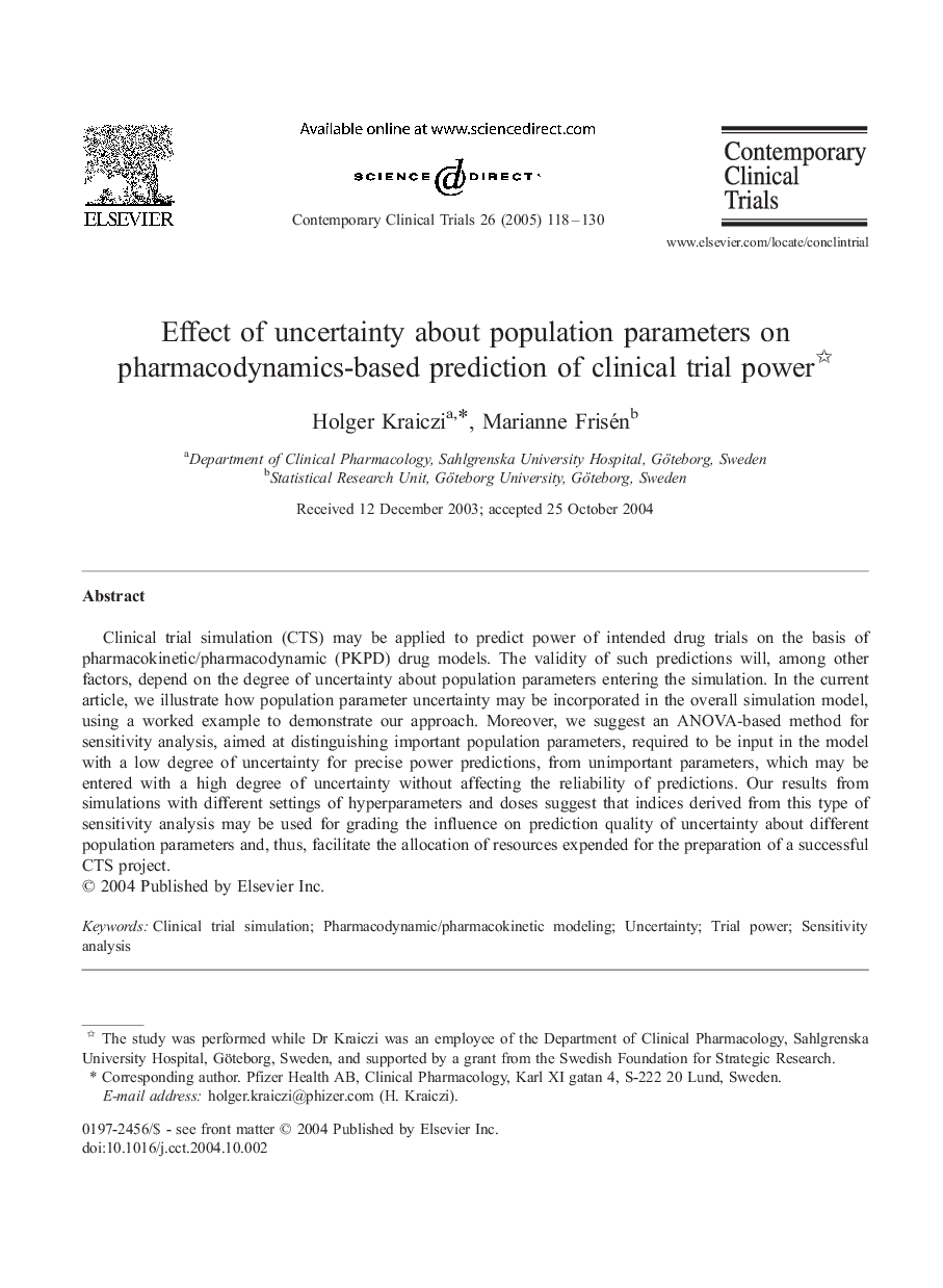 Effect of uncertainty about population parameters on pharmacodynamics-based prediction of clinical trial power