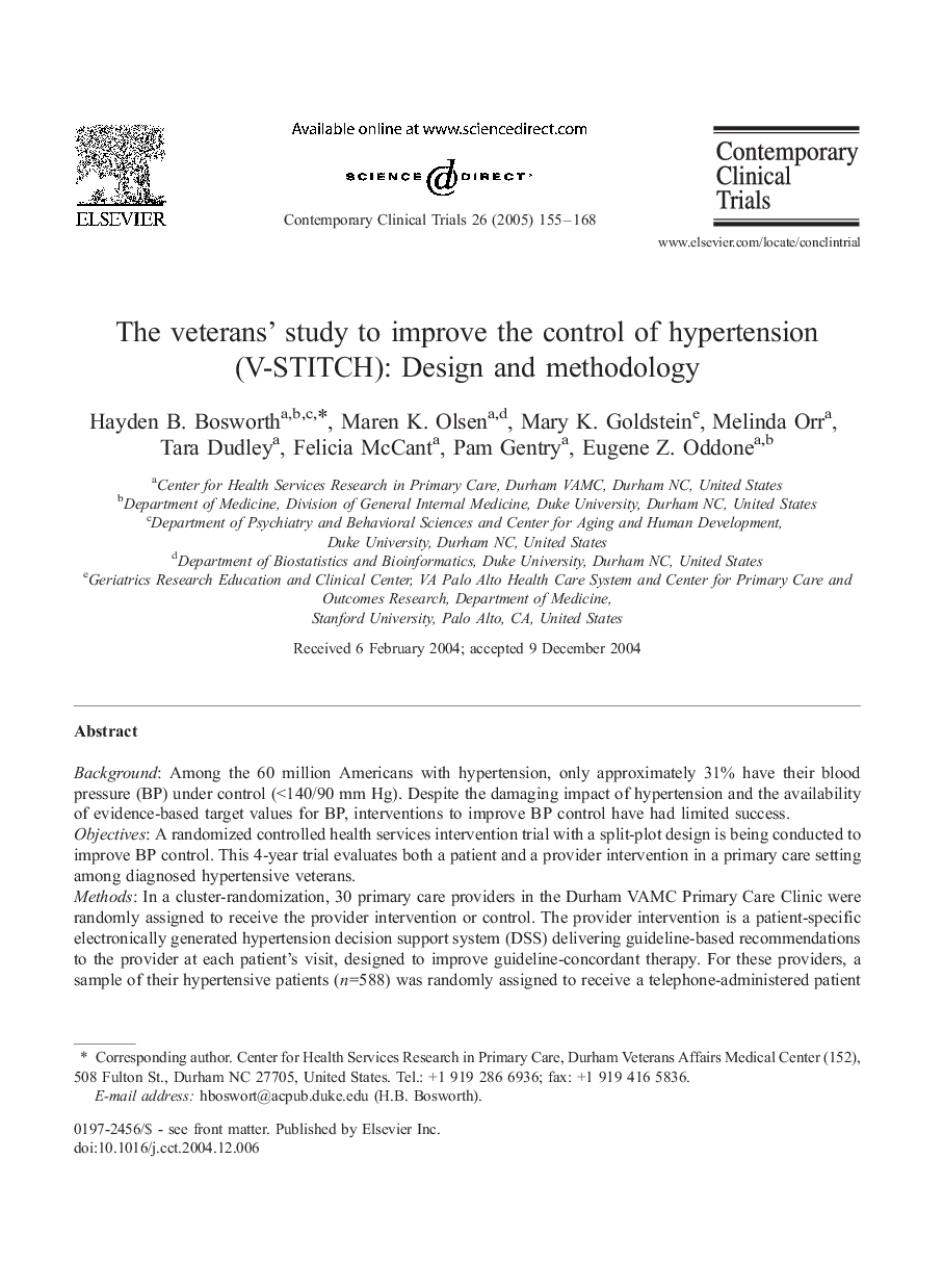 The veterans' study to improve the control of hypertension (V-STITCH): design and methodology