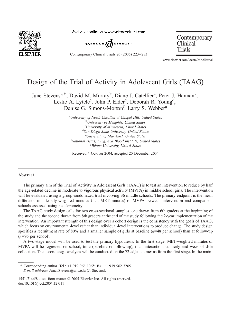 Design of the Trial of Activity in Adolescent Girls (TAAG)