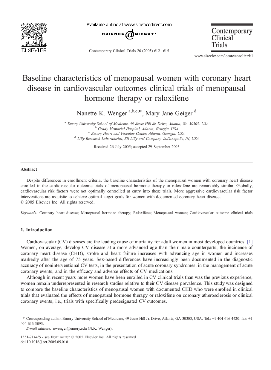 Baseline characteristics of menopausal women with coronary heart disease in cardiovascular outcomes clinical trials of menopausal hormone therapy or raloxifene