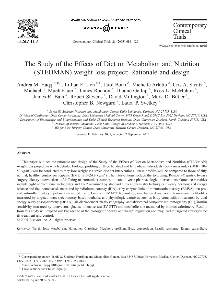 The Study of the Effects of Diet on Metabolism and Nutrition (STEDMAN) weight loss project: Rationale and design