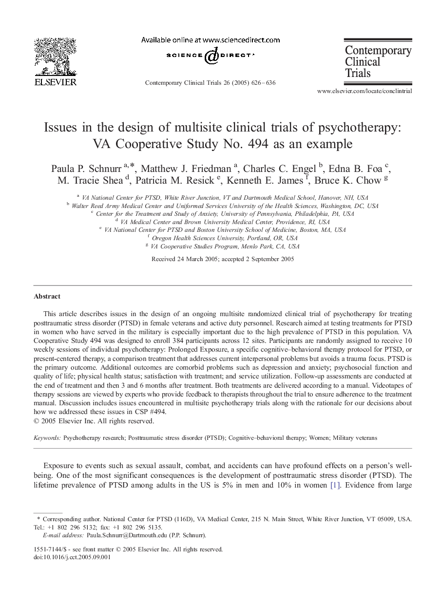 Issues in the design of multisite clinical trials of psychotherapy: VA Cooperative Study No. 494 as an example