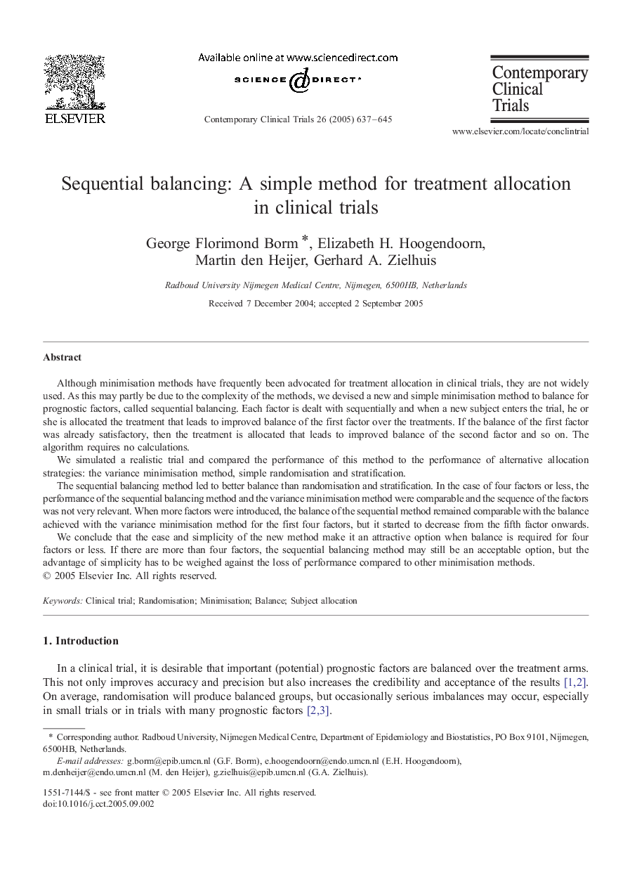 Sequential balancing: A simple method for treatment allocation in clinical trials