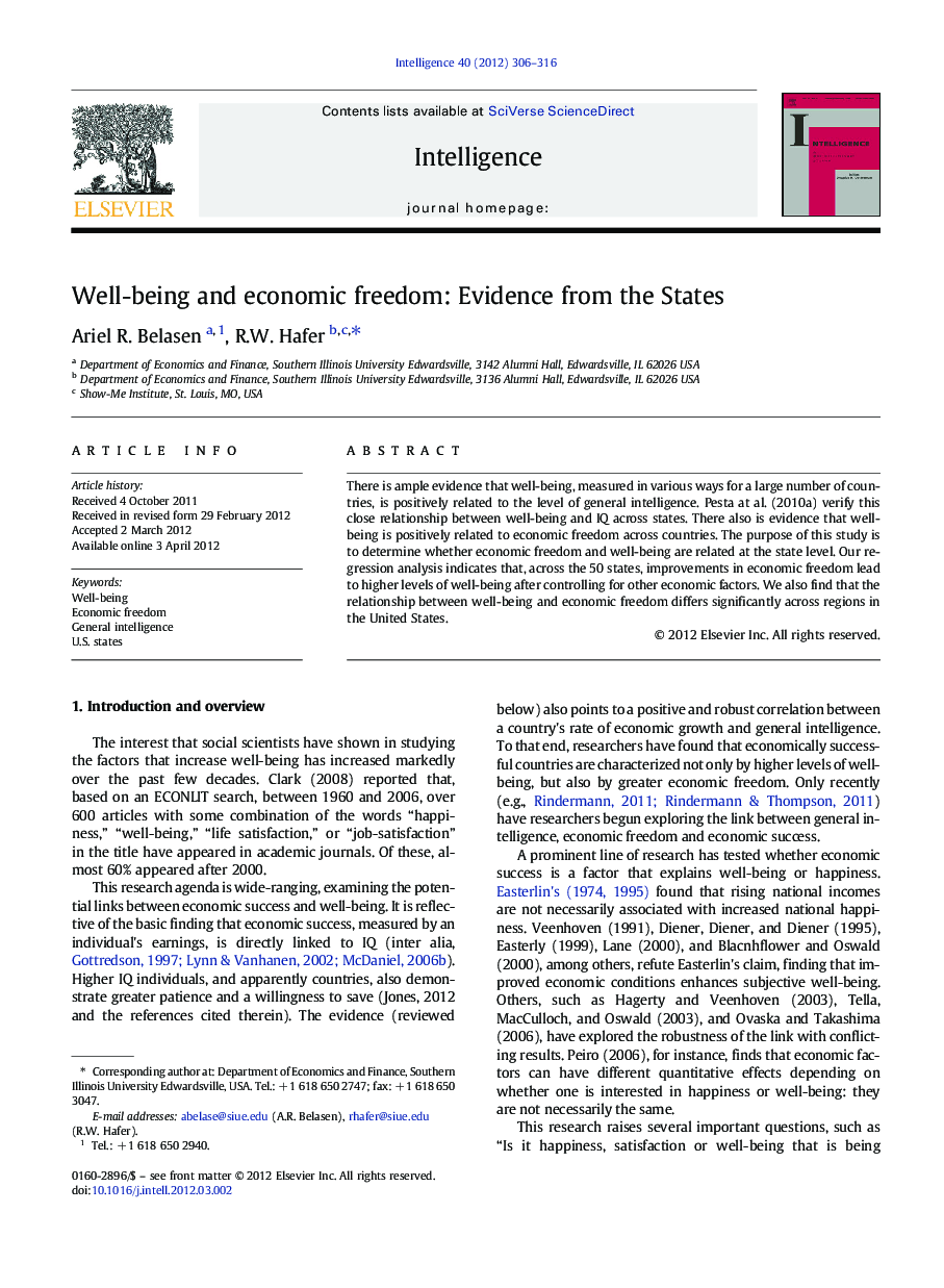 Well-being and economic freedom: Evidence from the States