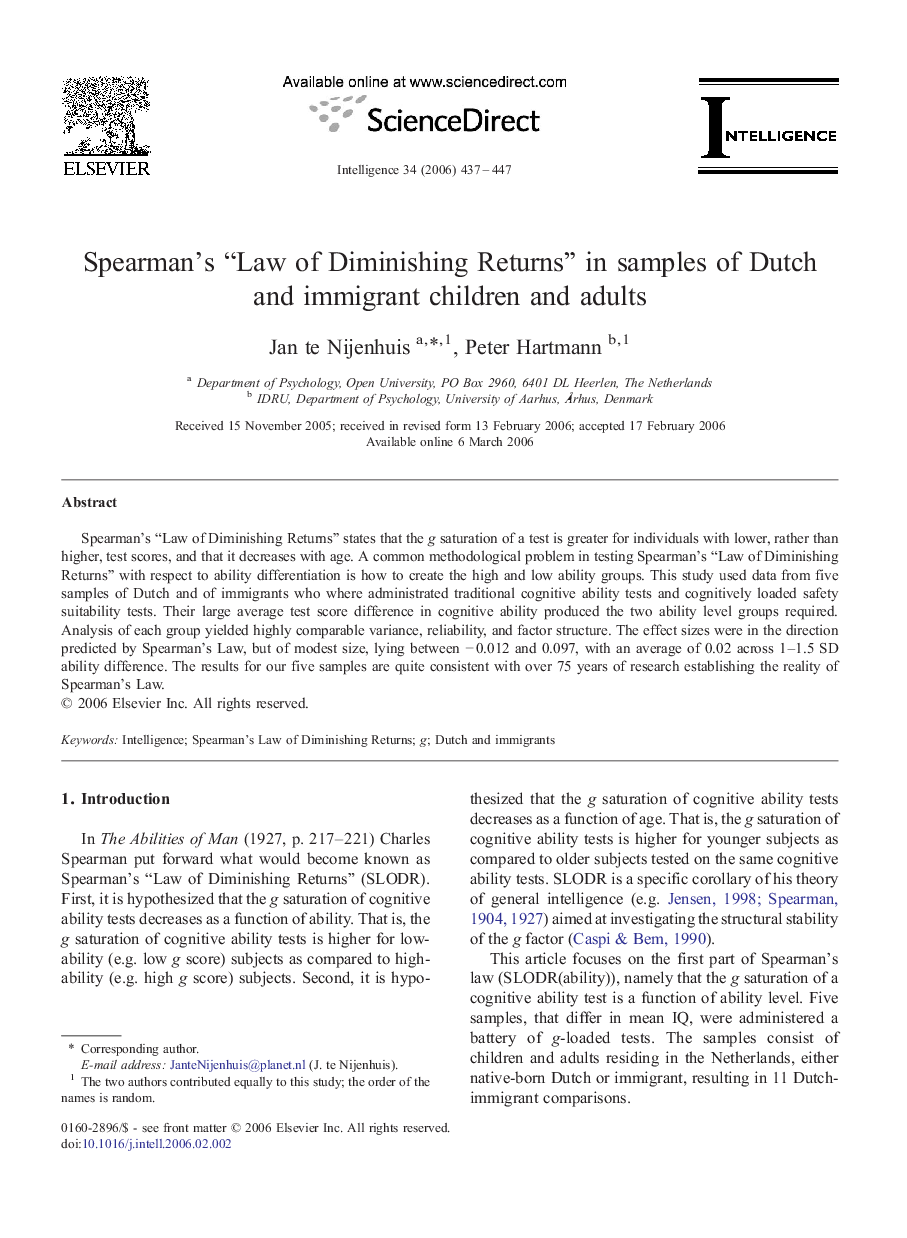 Spearman's “Law of Diminishing Returns” in samples of Dutch and immigrant children and adults