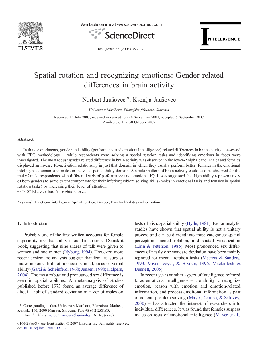 Spatial rotation and recognizing emotions: Gender related differences in brain activity