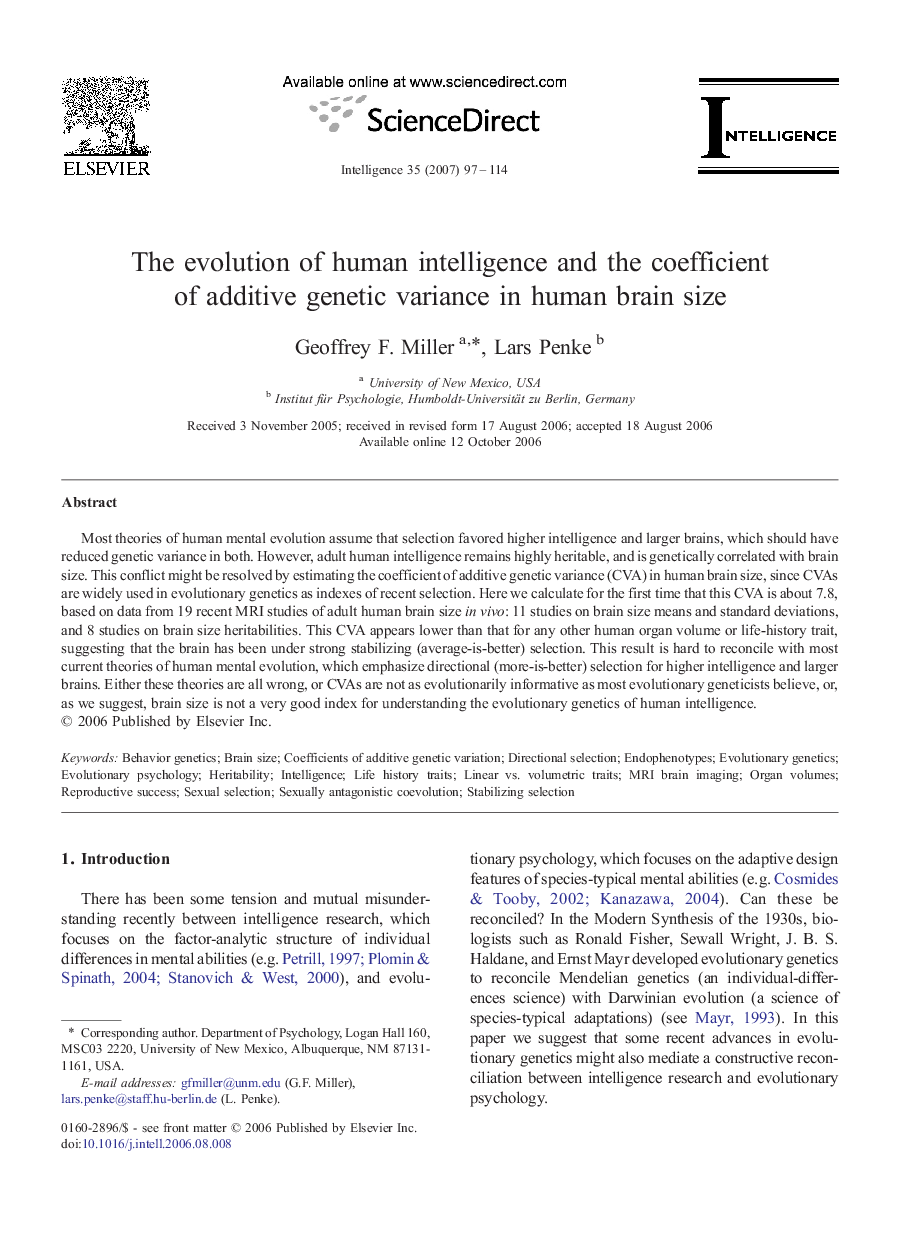 The evolution of human intelligence and the coefficient of additive genetic variance in human brain size