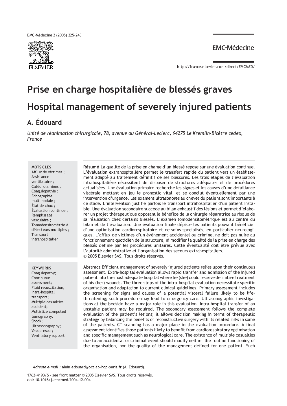 Prise en charge hospitaliÃ¨re de blessés graves