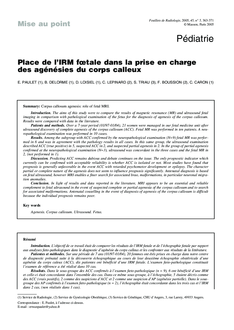 Place de l'IRM fÅtale dans la prise en charge des agénésies du corps calleux