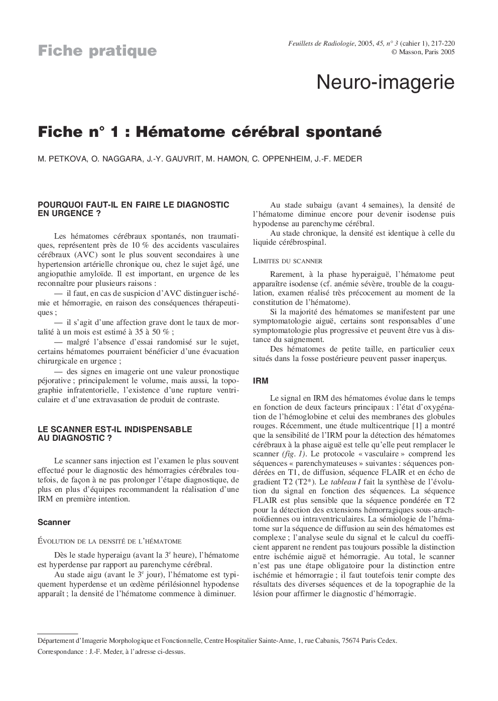 Fiche nÂ° 1 : Hématome cérébral spontané