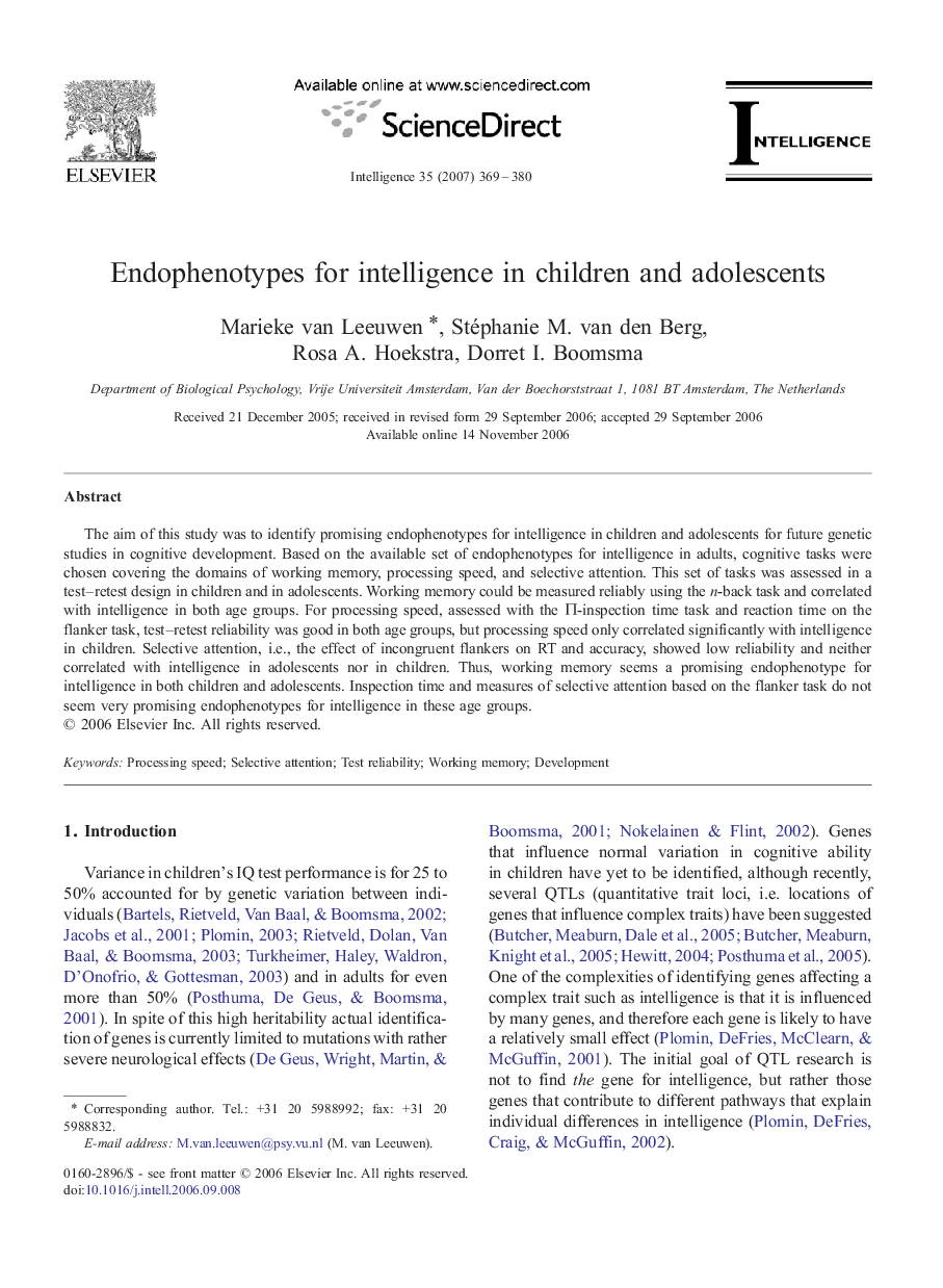 Endophenotypes for intelligence in children and adolescents