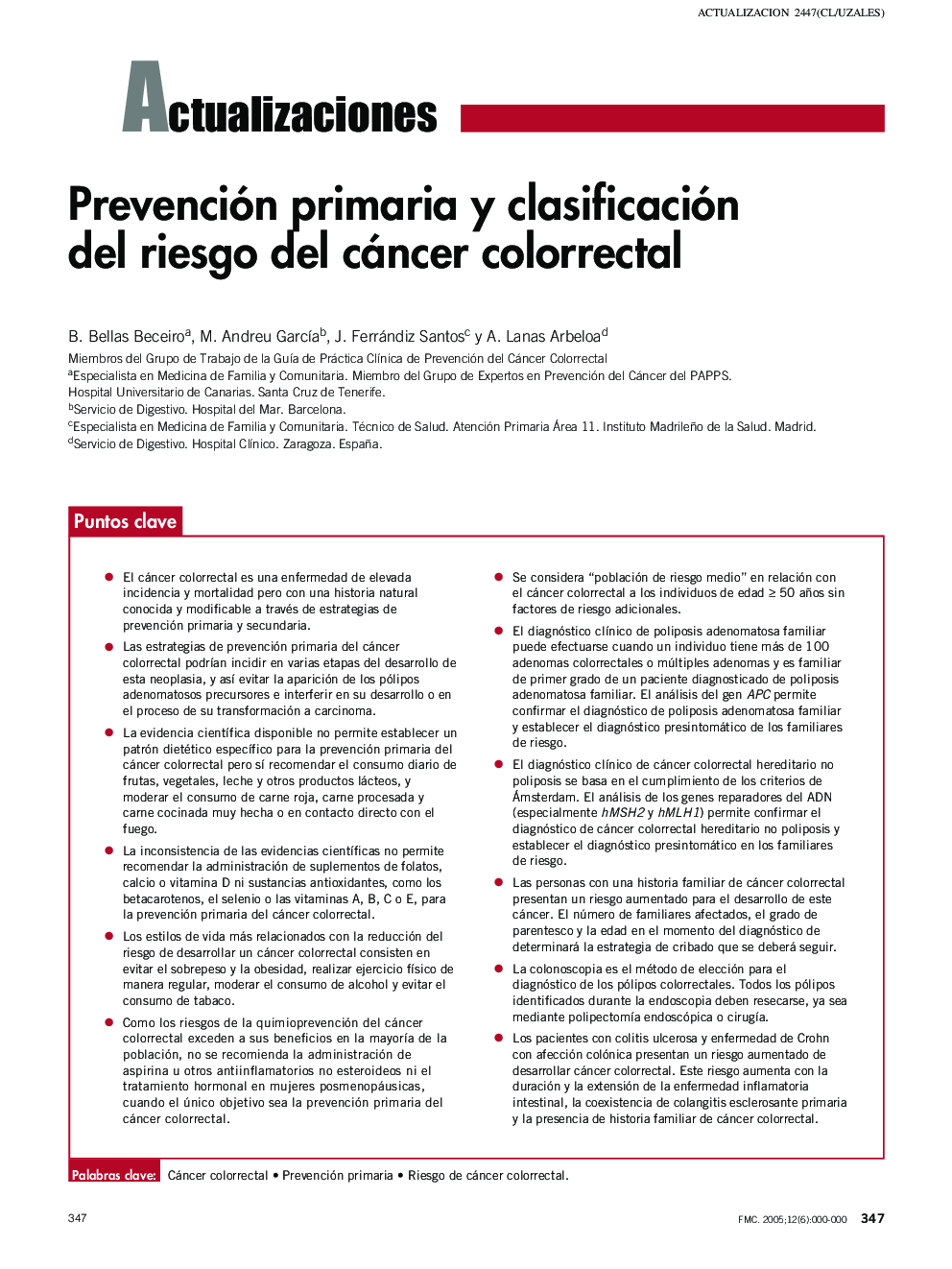 Prevención primaria y clasificación del riesgo del cáncer colorrectal
