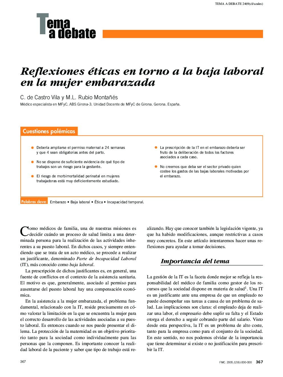 Reflexiones éticas en torno a la baja laboral en la mujer embarazada