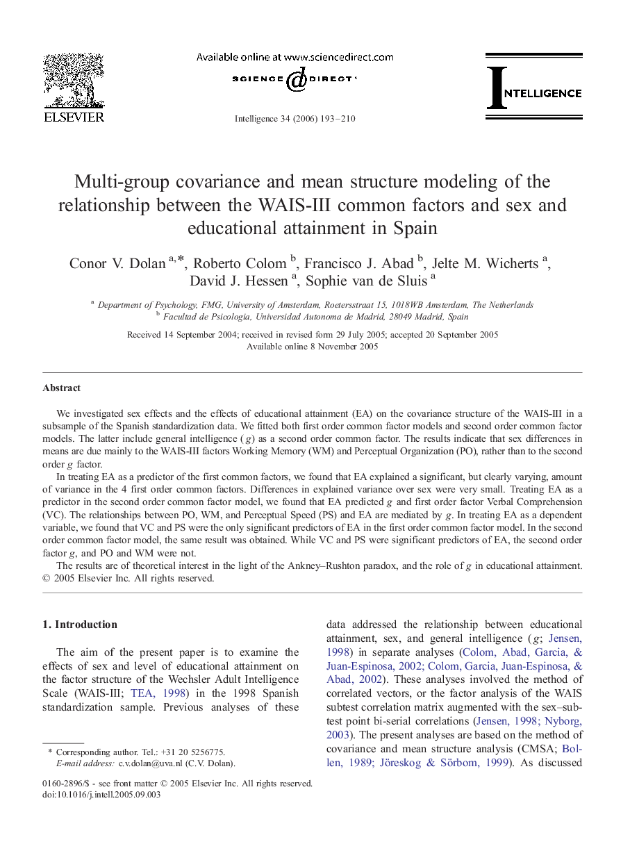 Multi-group covariance and mean structure modeling of the relationship between the WAIS-III common factors and sex and educational attainment in Spain