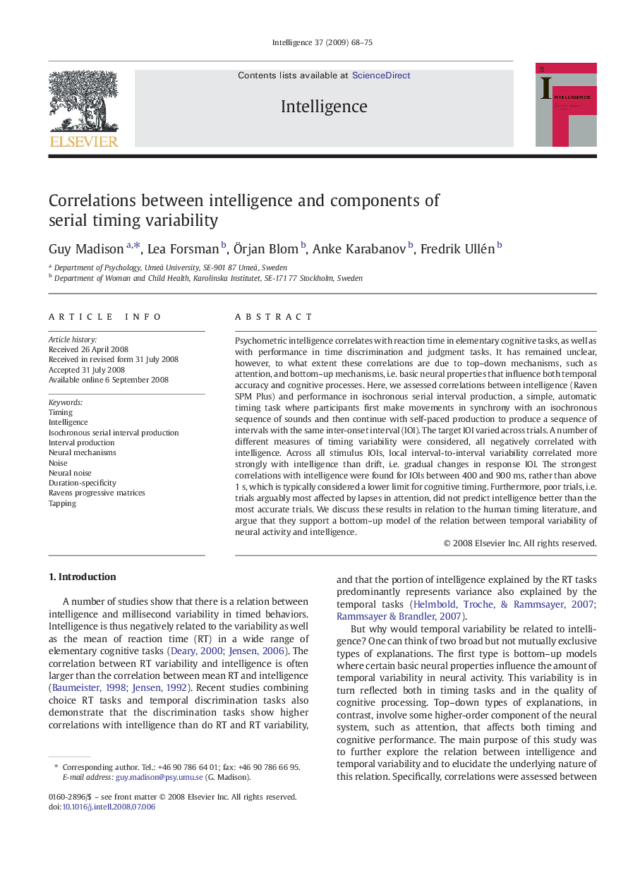 Correlations between intelligence and components of serial timing variability