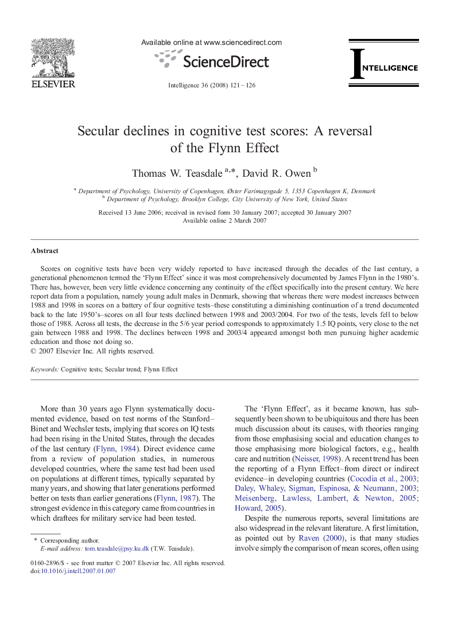 Secular declines in cognitive test scores: A reversal of the Flynn Effect