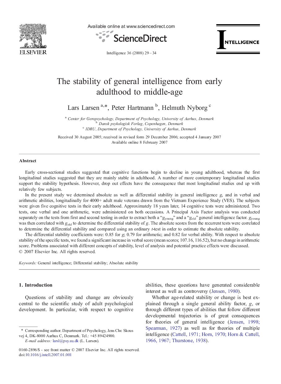 The stability of general intelligence from early adulthood to middle-age