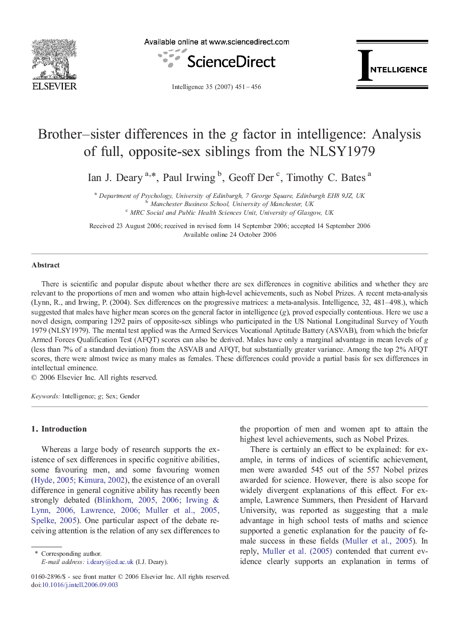 Brother–sister differences in the g factor in intelligence: Analysis of full, opposite-sex siblings from the NLSY1979