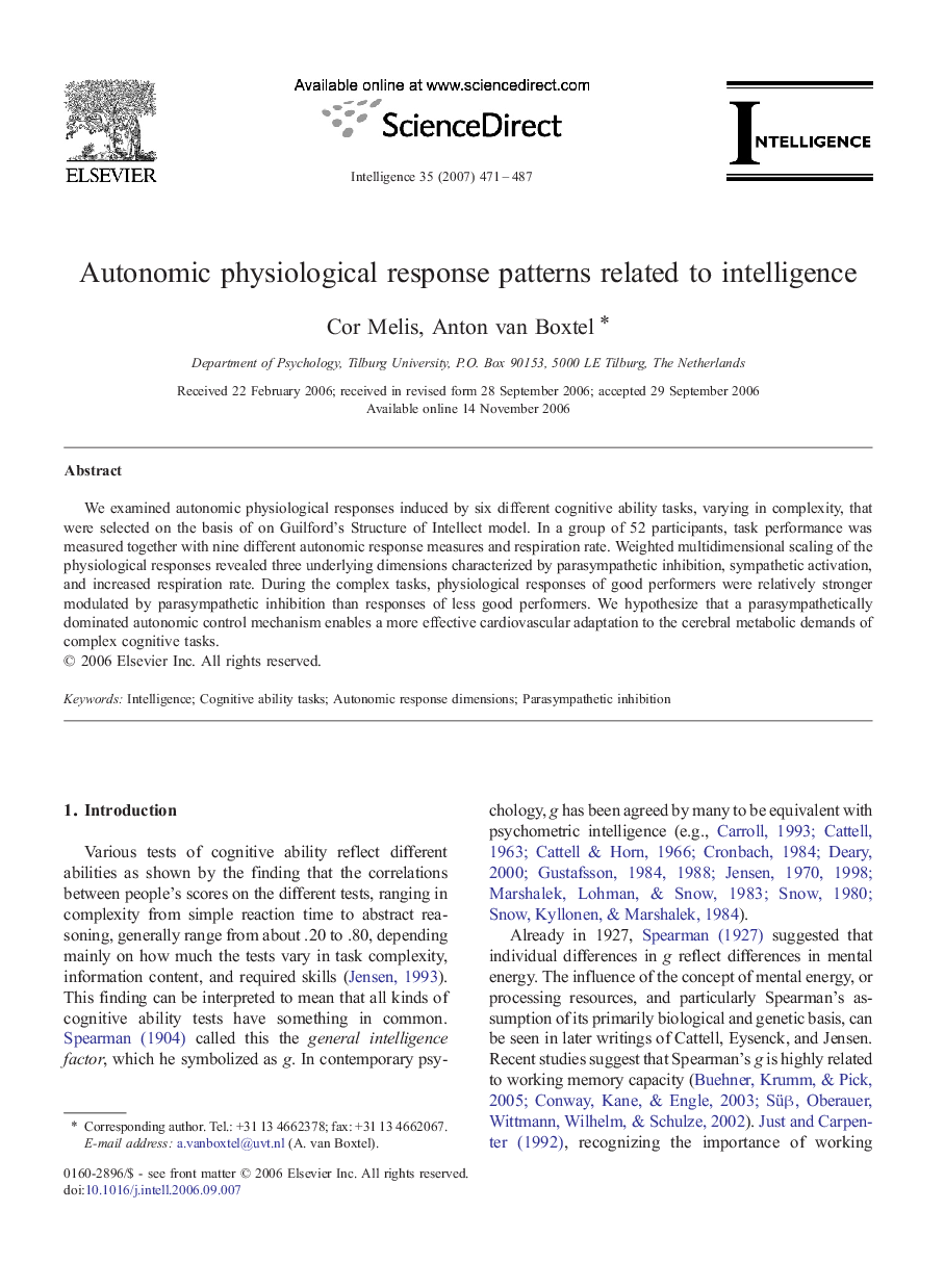 Autonomic physiological response patterns related to intelligence