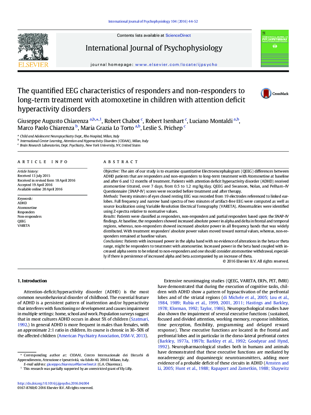 The quantified EEG characteristics of responders and non-responders to long-term treatment with atomoxetine in children with attention deficit hyperactivity disorders