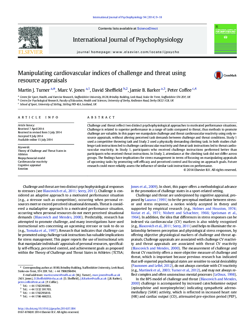 Manipulating cardiovascular indices of challenge and threat using resource appraisals