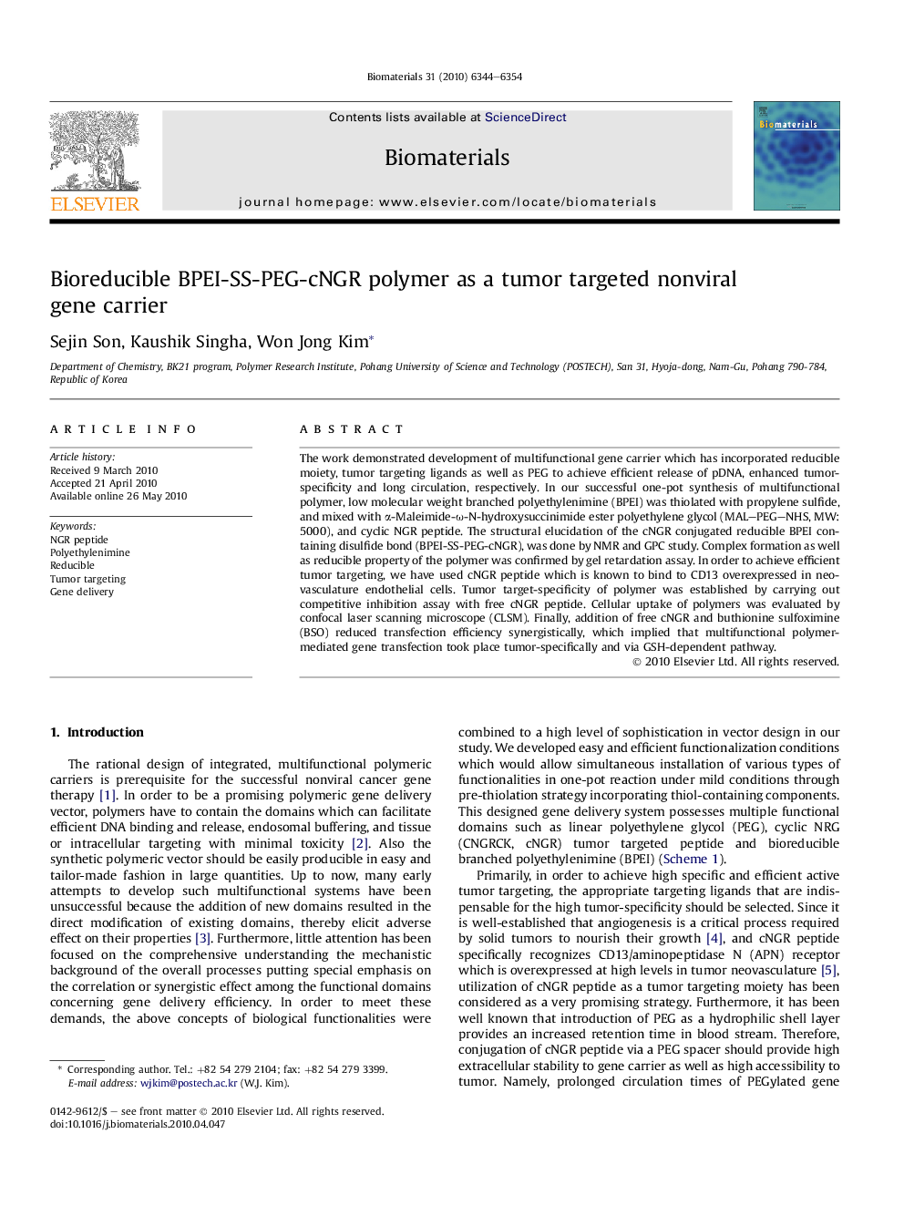 Bioreducible BPEI-SS-PEG-cNGR polymer as a tumor targeted nonviral gene carrier