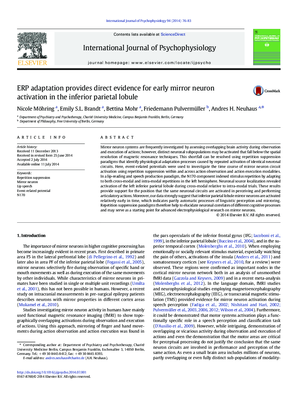 ERP adaptation provides direct evidence for early mirror neuron activation in the inferior parietal lobule