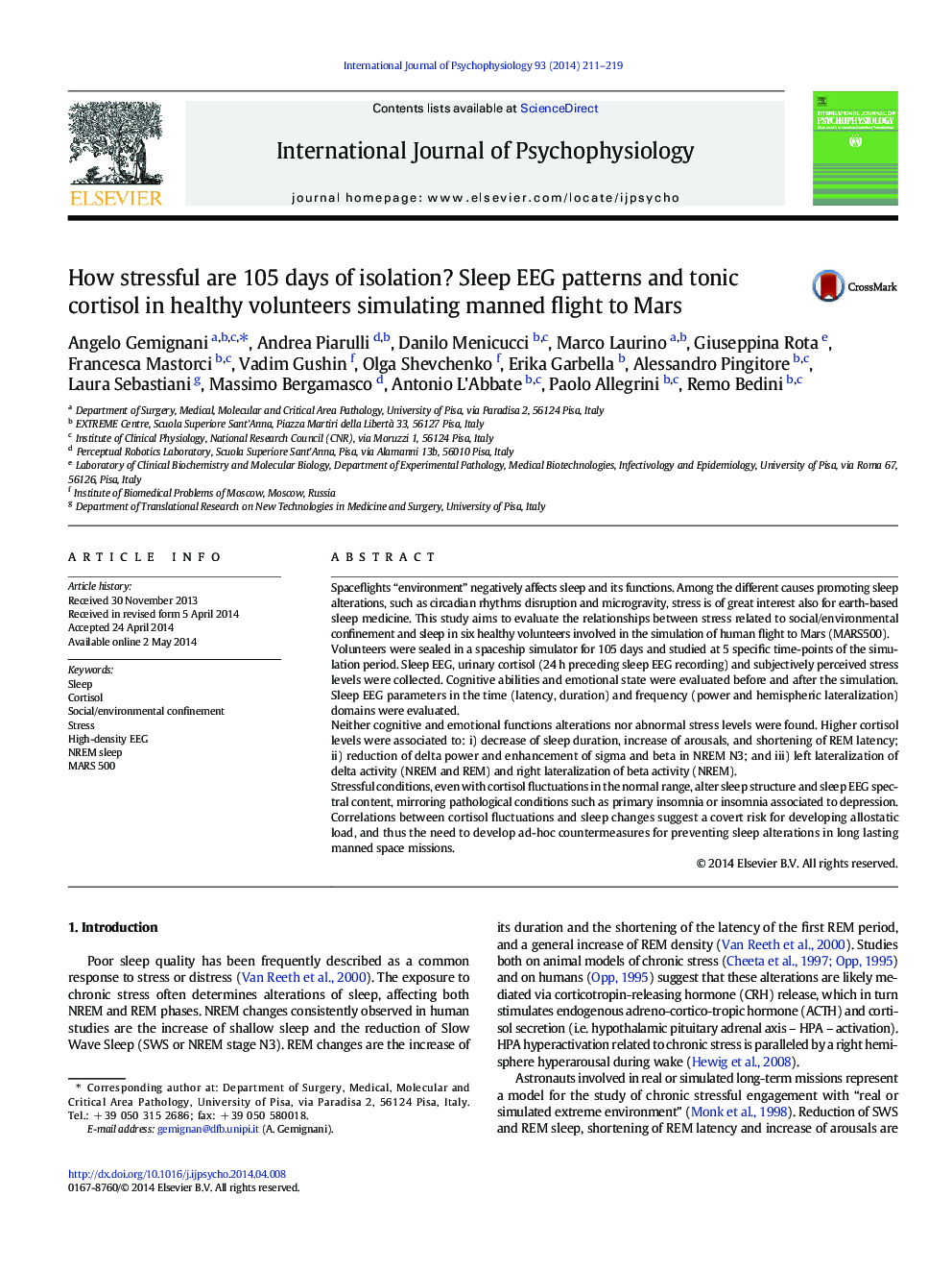 How stressful are 105 days of isolation? Sleep EEG patterns and tonic cortisol in healthy volunteers simulating manned flight to Mars