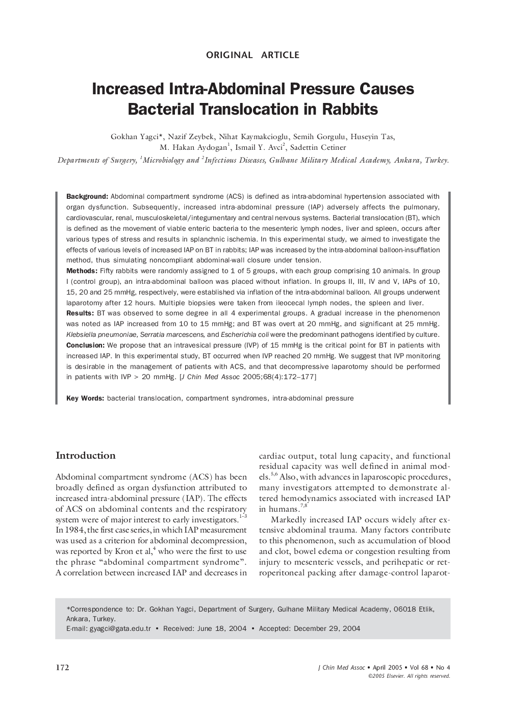 Increased Intra-Abdominal Pressure Causes Bacterial Translocation in Rabbits